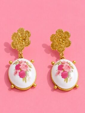 Pink Rose Porcelain Gold Earrings